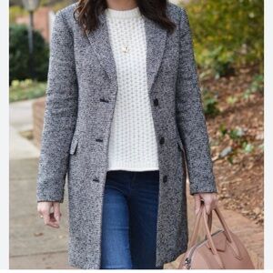 J.Crew Tweed Coat Sz 2 Black Gray Long Overcoat Jacket Wool Blend